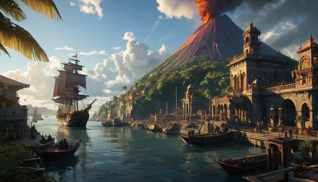 Ethereal Tropical Volcano in Soft Golden Hour