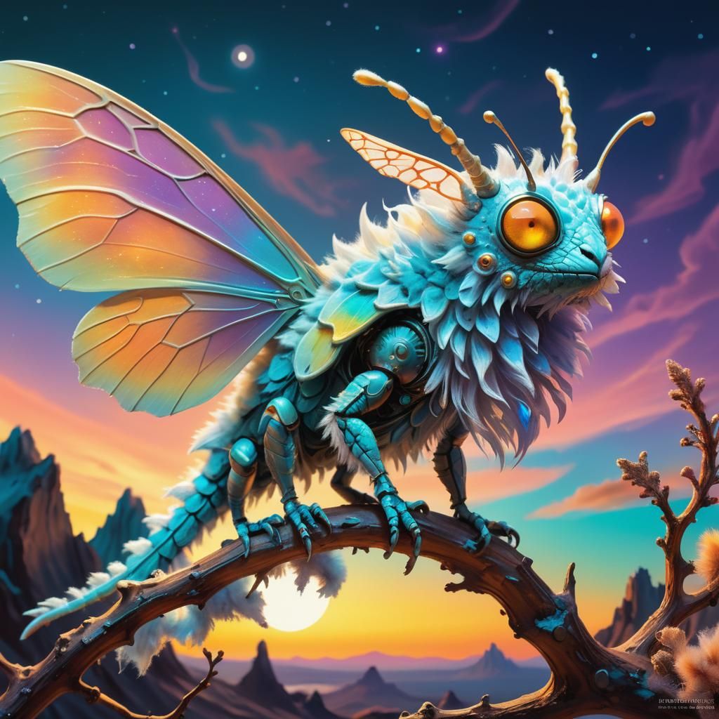 Fluffy Moth-Dragon Alien Specimen on Exoplanet in Surrealist...