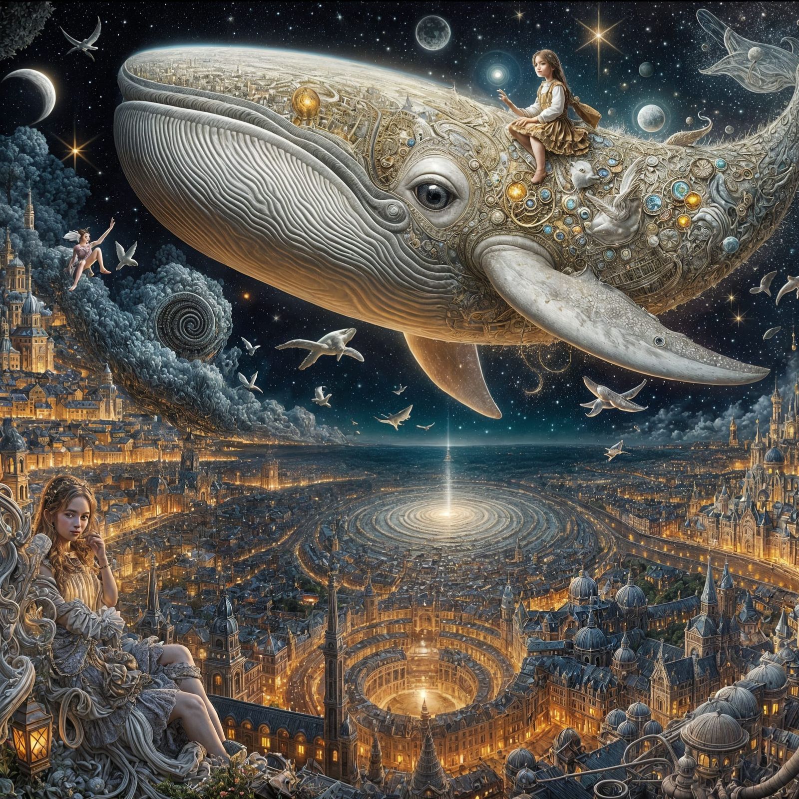 Girl on Whale in Rococo Surrealist Style