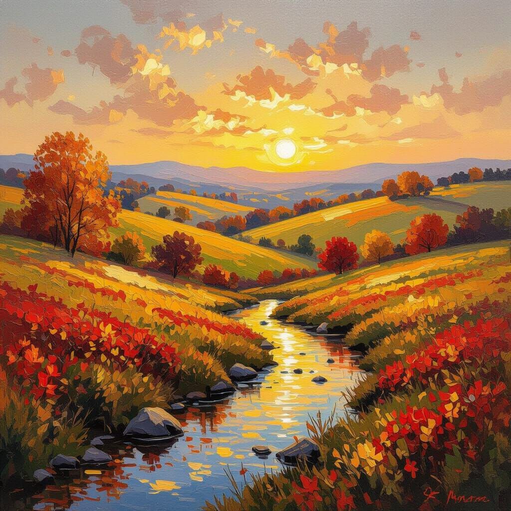 Vibrant Autumn Landscape Painting with Golden Light