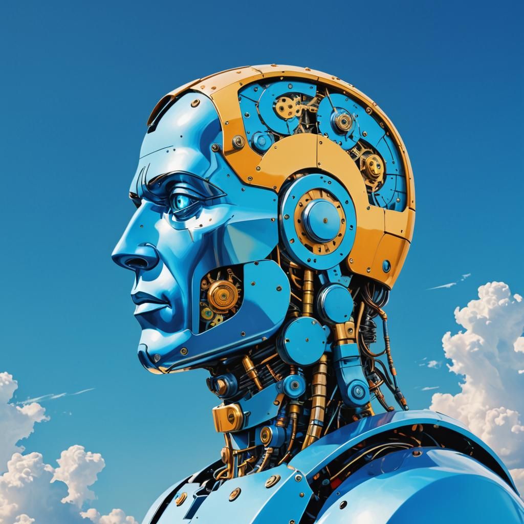 Cyborg Robot with Visible Brain in 1940s Pop Art