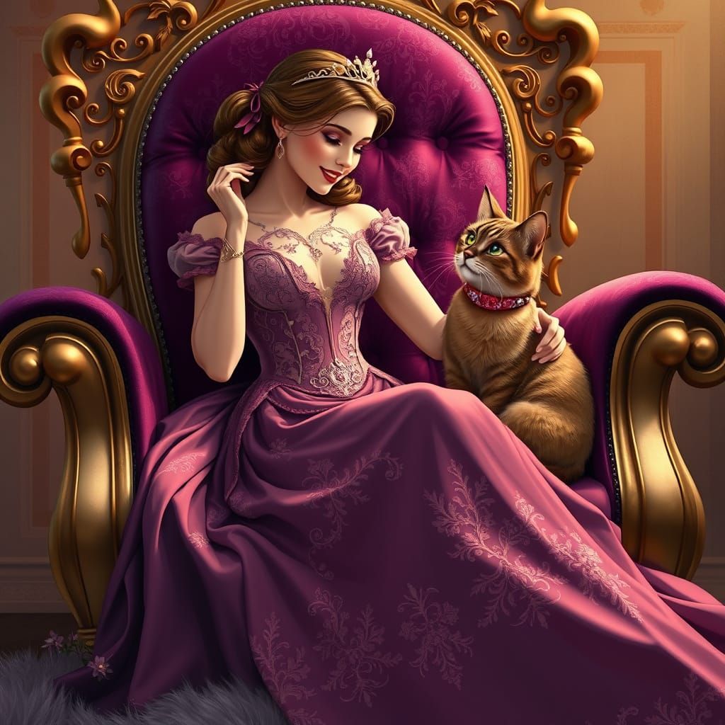 Royal Whispers: Princess Woman and Majestic Cat in Lavish Th...