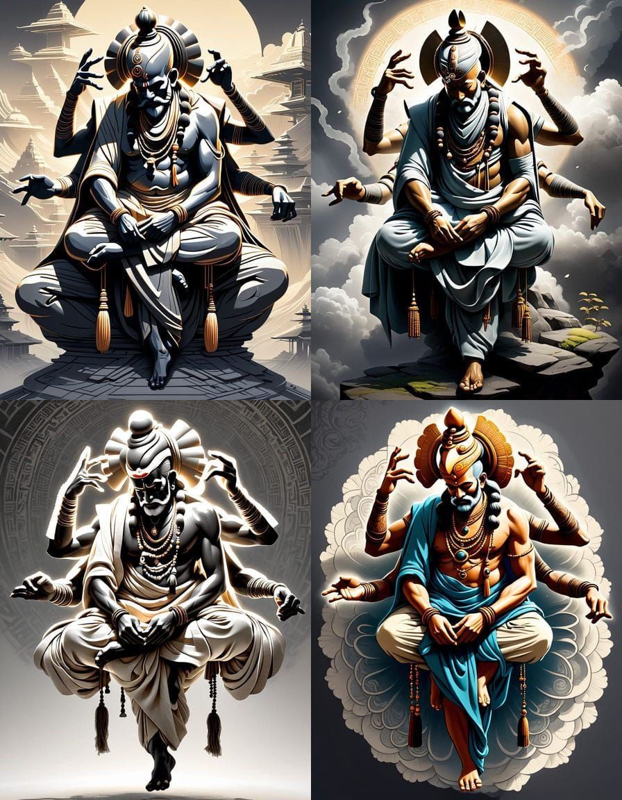 Intricate Ink Drawing of a Powerful Sadhu Figure in Eastern-...