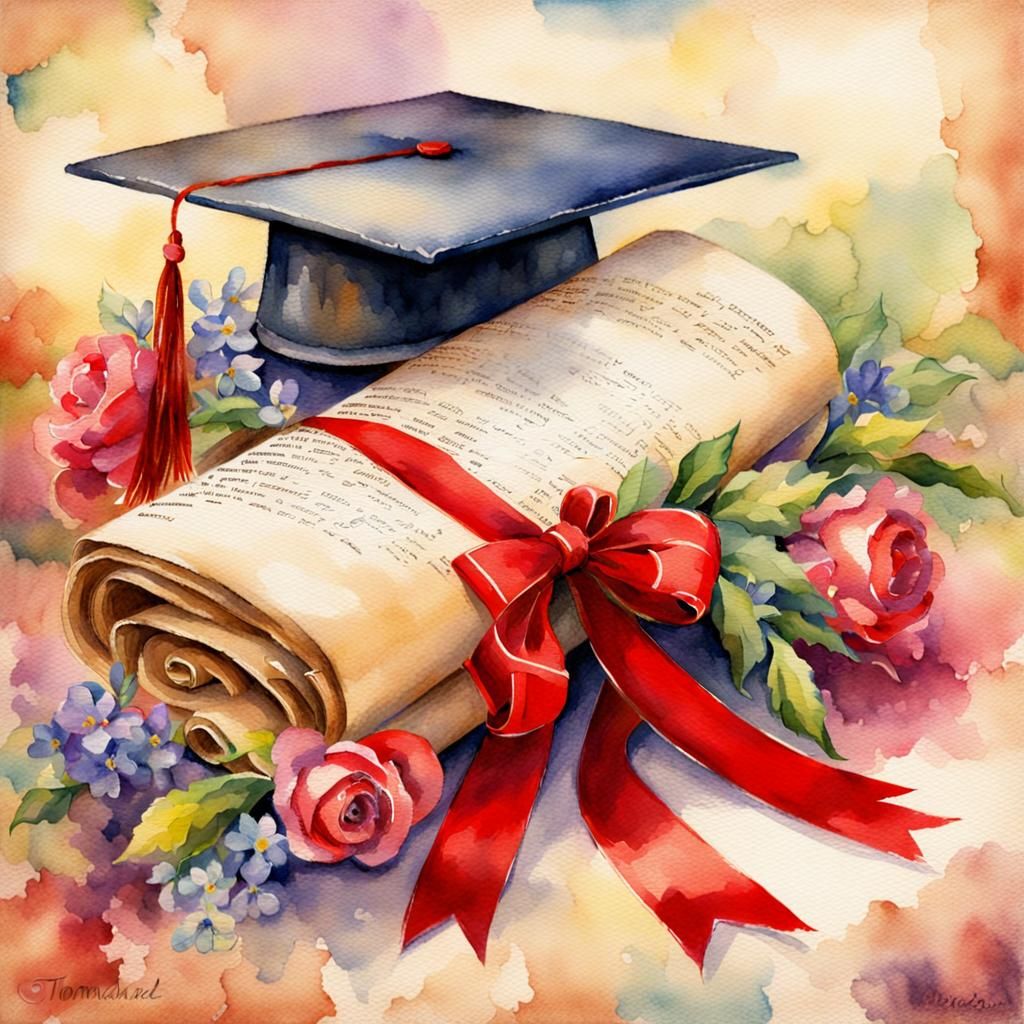 Graduation cap and scroll.