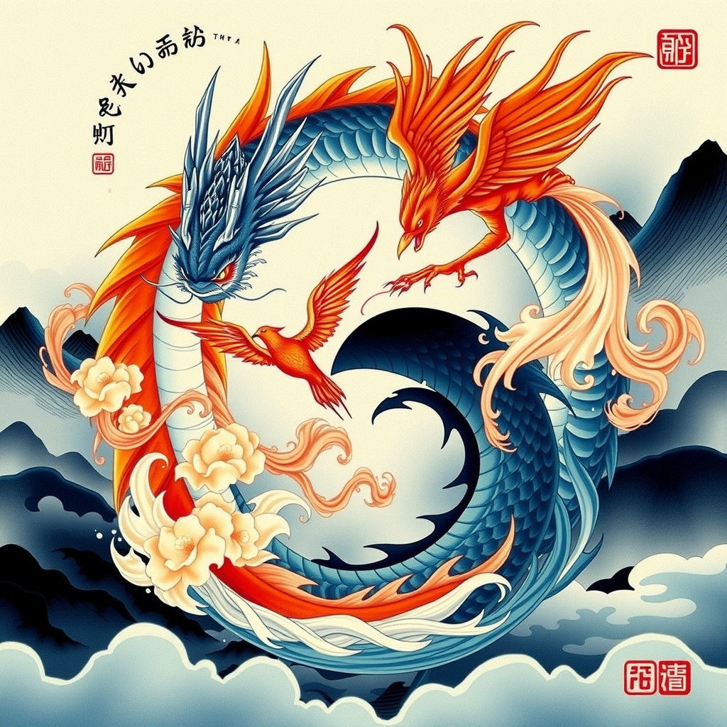 Dragon and Phoenix Yin Yang in Chinese Style