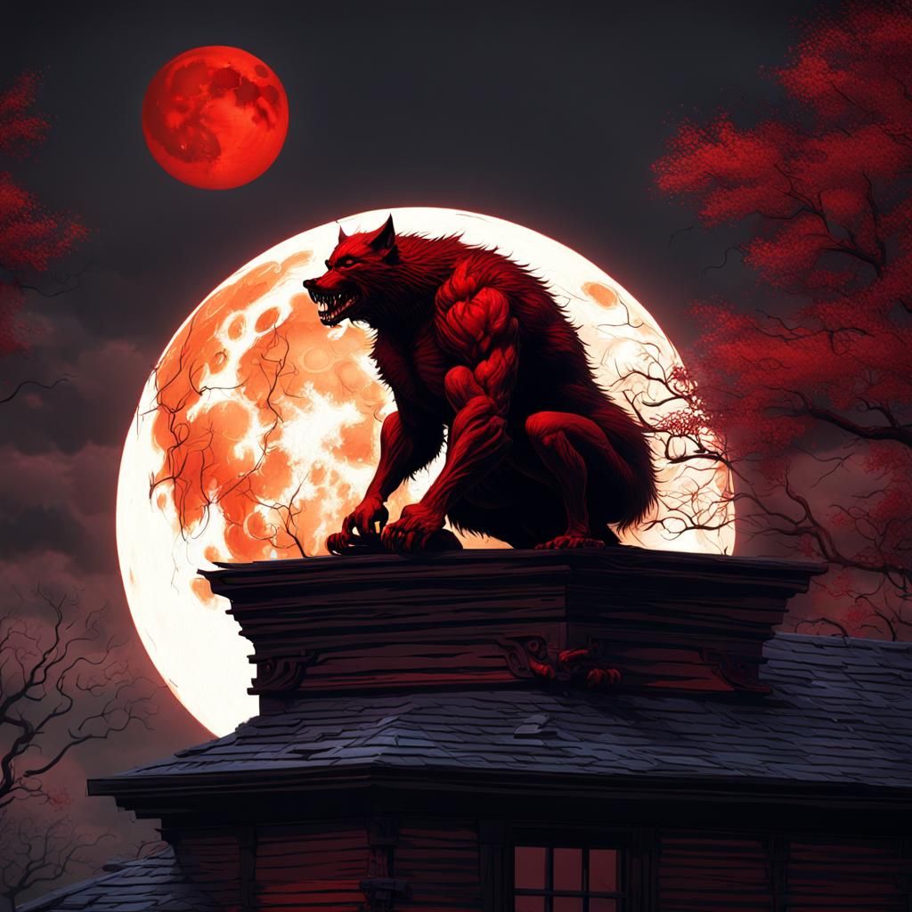 Werewolf Silhouette Under Blood Moon: Victorian Horror Art