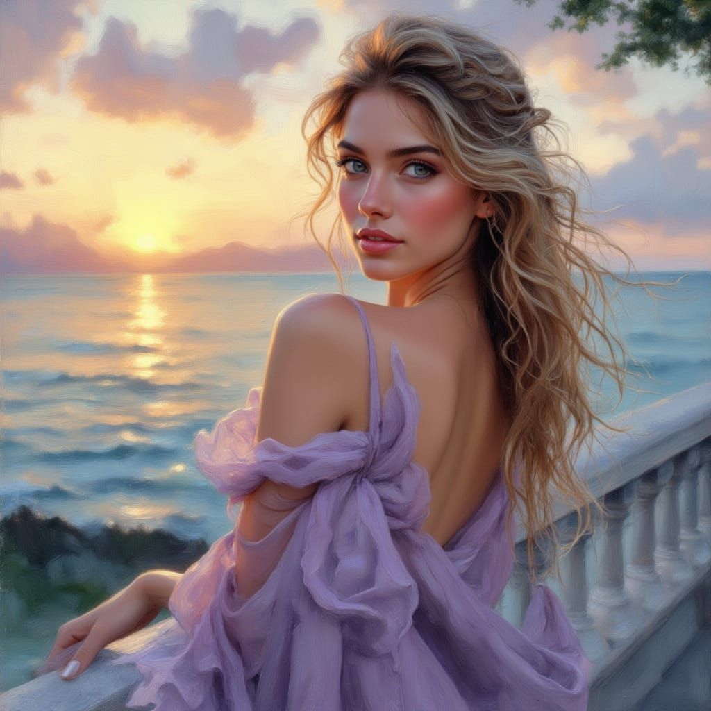 Woman leaning against a balustrade by dusk