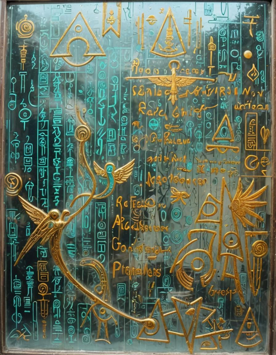 Angelic Hieroglyphs on Cyberpunk Glass Wall