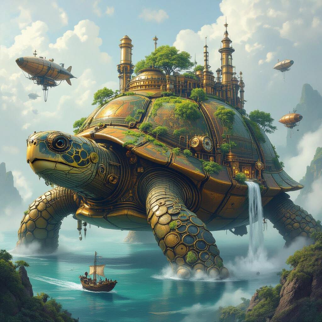 Steampunk City on Giant Turtle in Misty Sea
