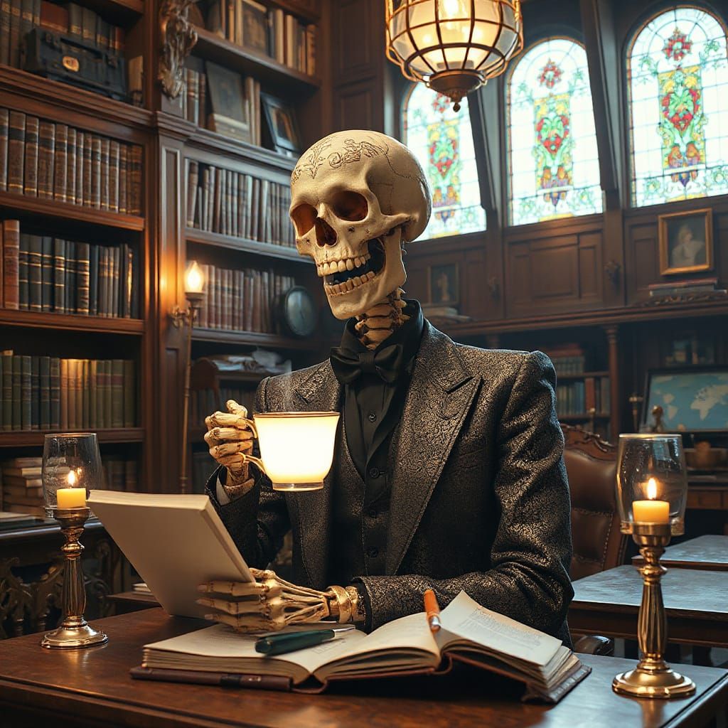 Skeleton Poet Writes in Ornate Library, Surreal Dark Fantasy...