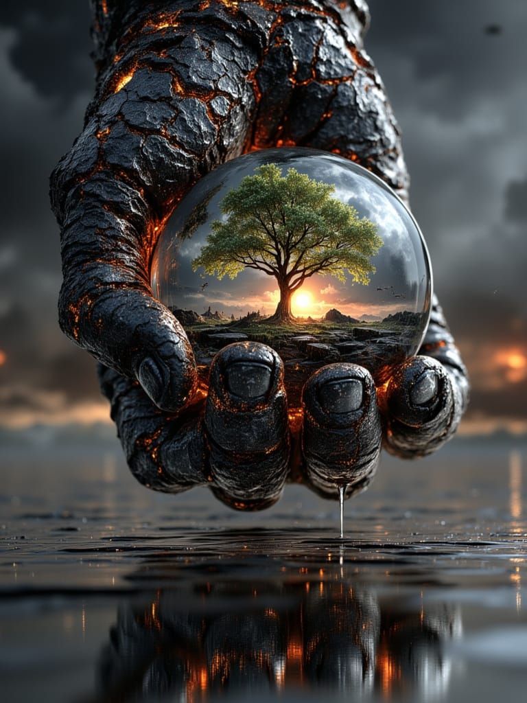 Mystical Hand Holds Glowing Orb Above Fiery Lava