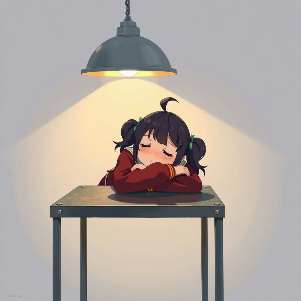 Anime Girl Resting Under Industrial Lamp