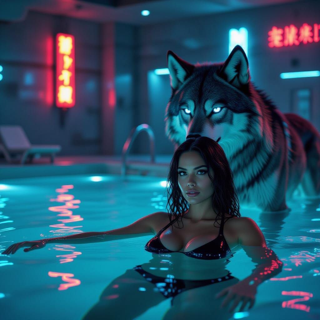 Cyberpunk Pool Scene With Robotic Wolf and Woman