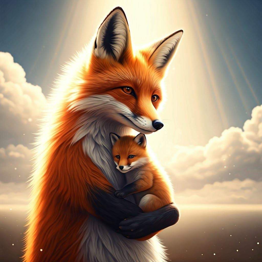 3D Mother Fox and Cub in Divine Sunshine