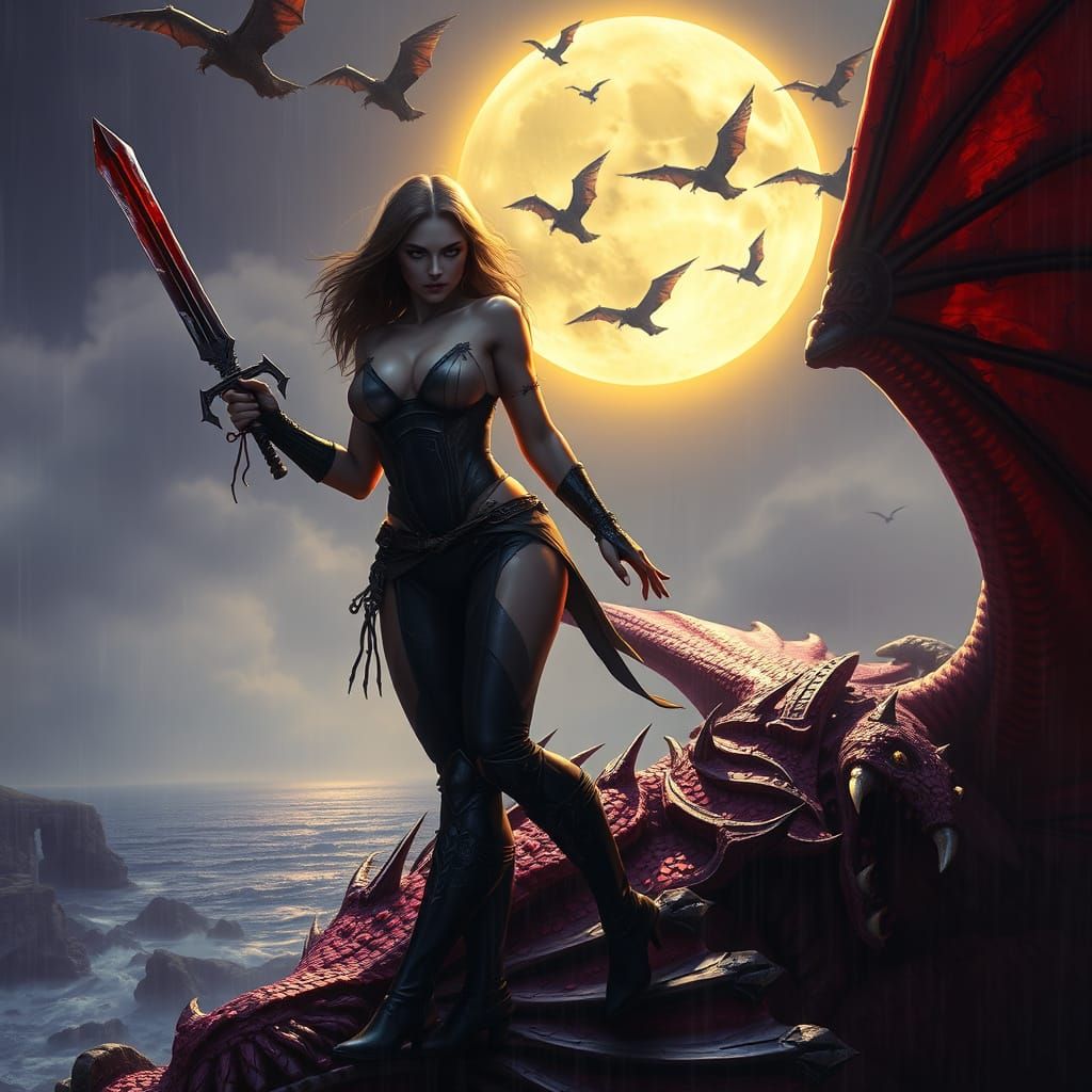 Sorceress Victorious Over Dragon in Dark Fantasy Art
