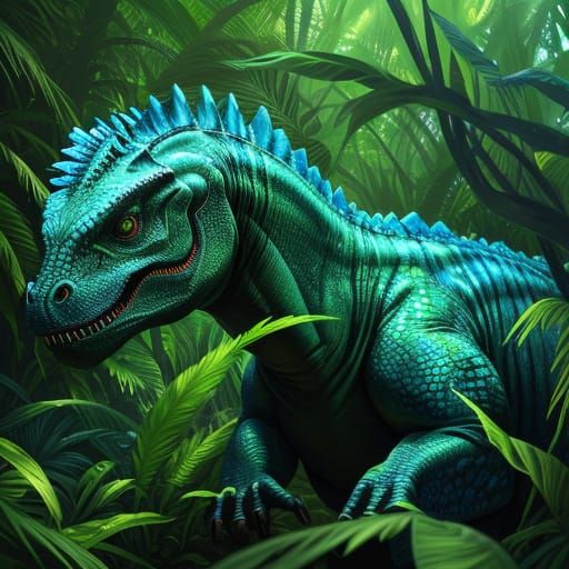 Hyperrealistic Dinosaur in Lush Jurassic Landscape