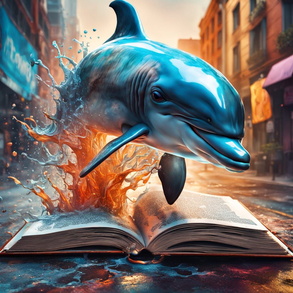 Dolphin Emerges from Book in Vibrant, Hyperrealistic Concept...