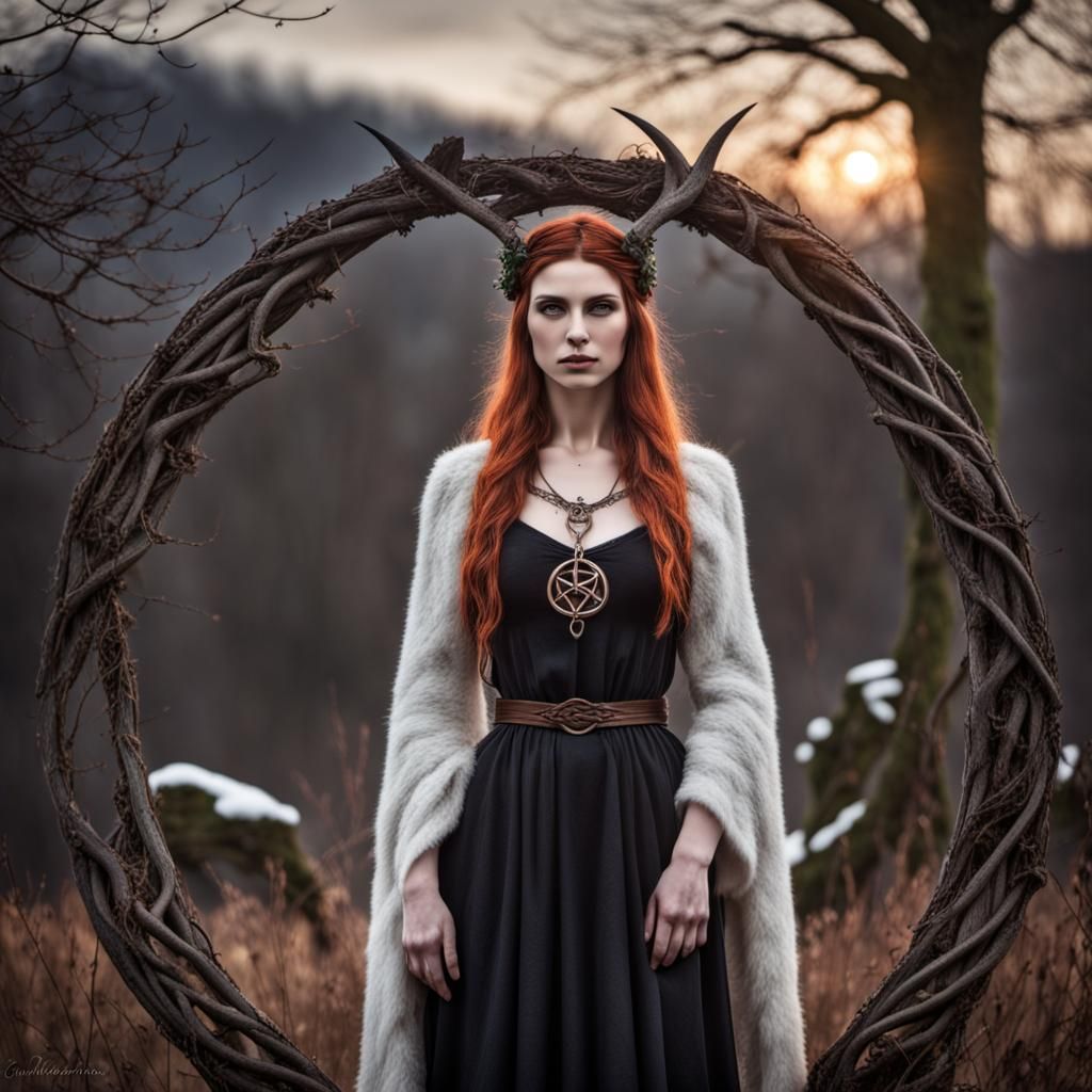 Imbolc Witch: Hyperrealistic, Atmospheric Scene