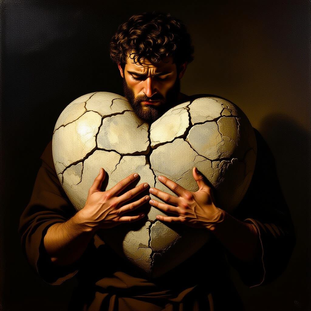 Man Holds Heavy Stone Heart in Dramatic Light
