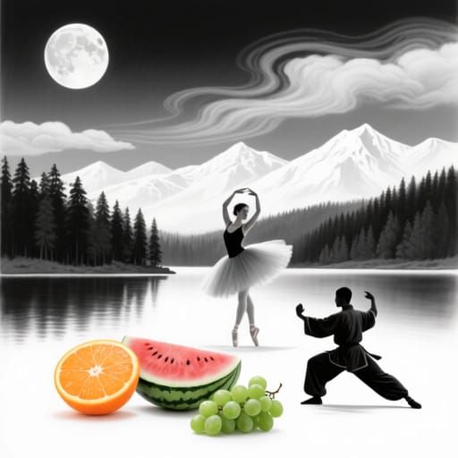 Monochrome Airbrush Landscape with Dancers and Fruit