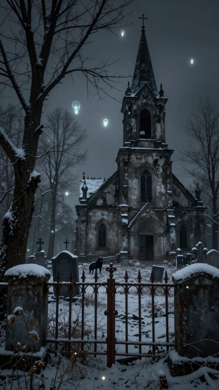 Gothic Church Graveyard in Snow with Dancing Wisps