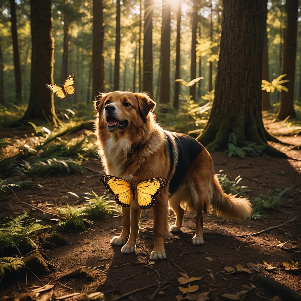 Golden Butterfly Above Dog in Forest: Cinematic Still