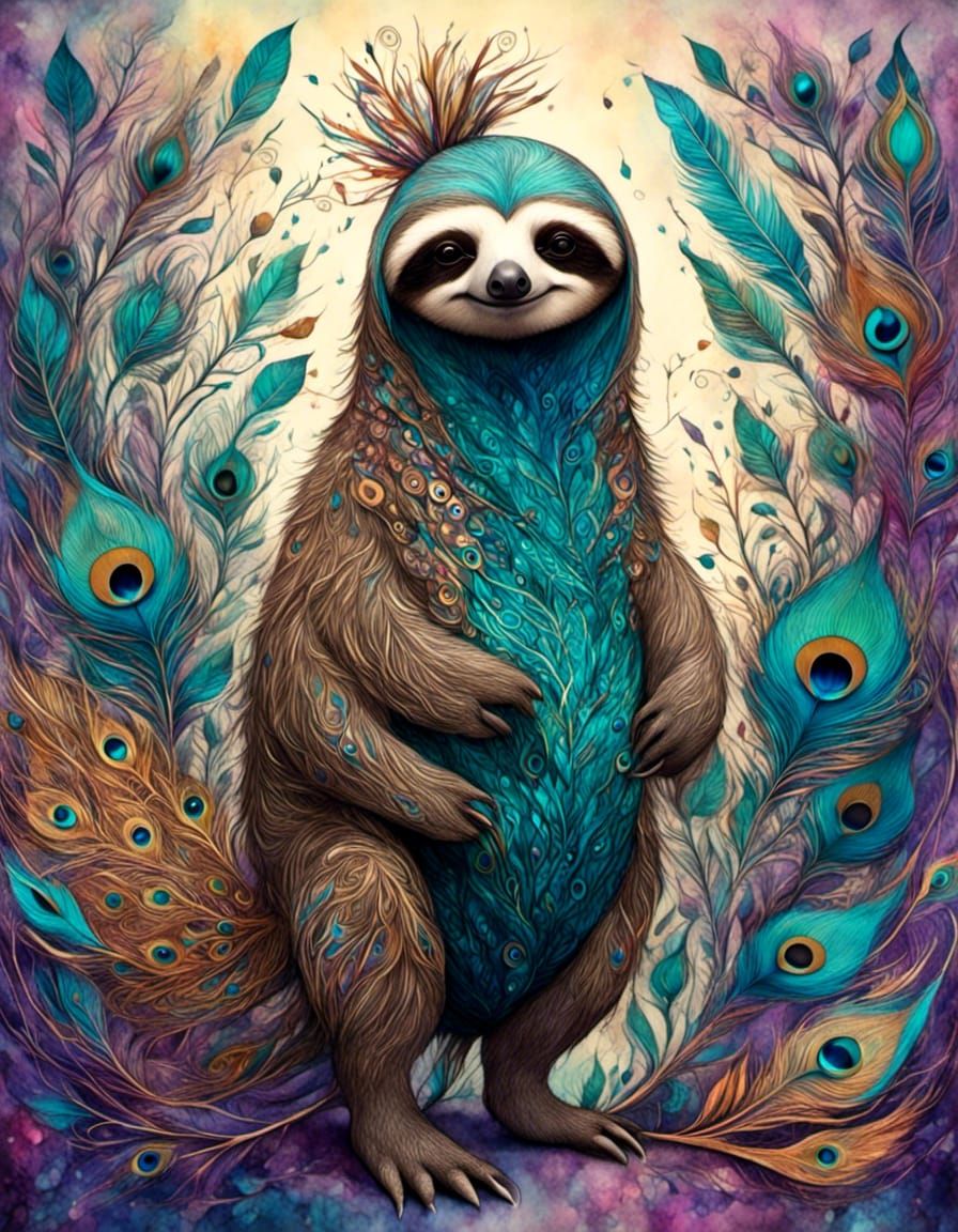 Anthropomorphic Sloth with Peacock Tail in Ink Style