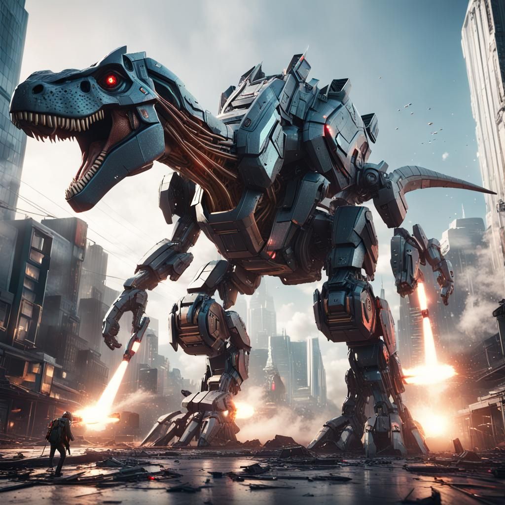 Giant Robot Dinosaur Destroys City in Sci-Fi Style