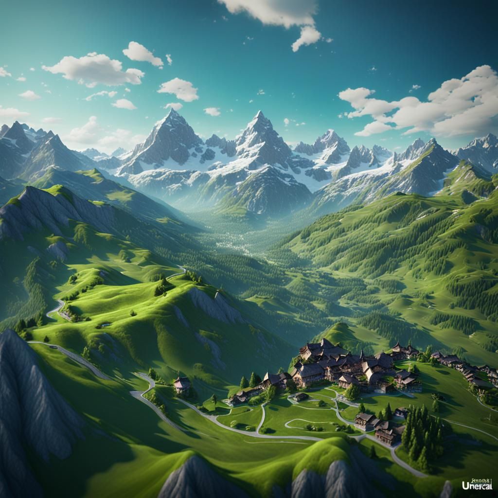 Swiss Alps Aerial View in Detailed Digital Painting