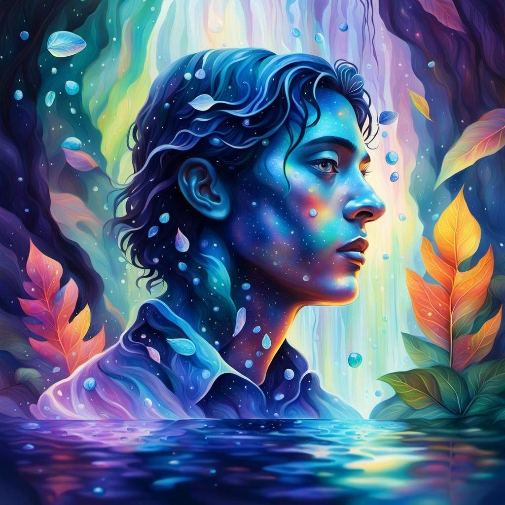 Mystical Waterfall Scene in Pablo Amaringo Style