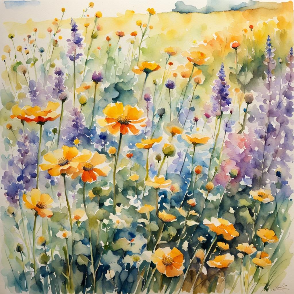 Blooming Field Flowers in Watercolor Style