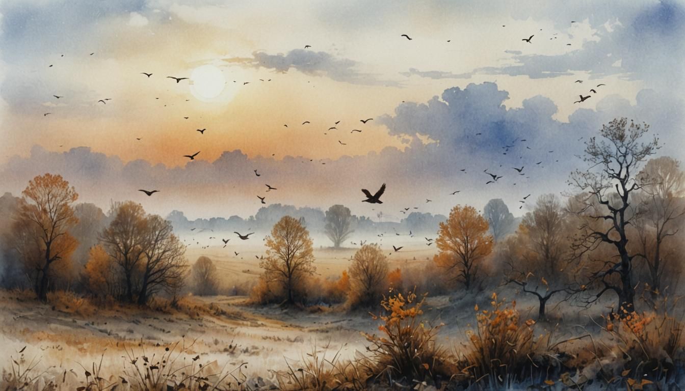 Autumn Field with Birds: Watercolor Matte Painting