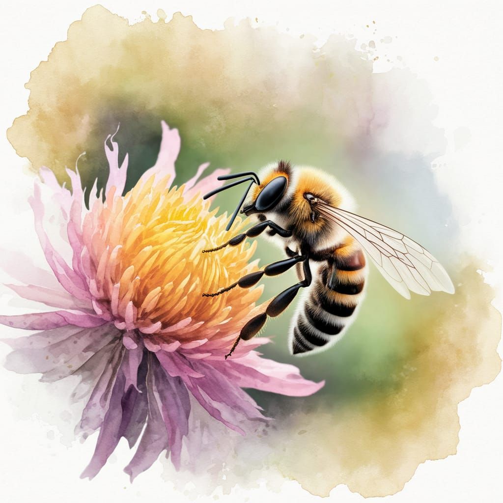Surreal Golden Bee Collects Nectar in Vibrant Watercolor Lan...
