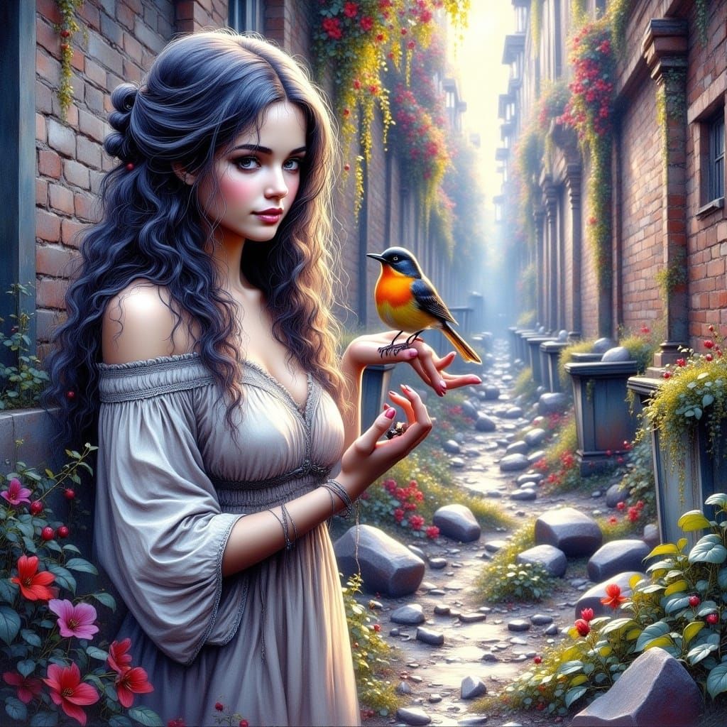 The Girl with a Little Robin in the Alley.