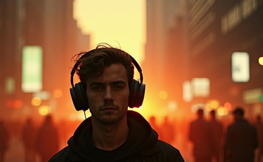 Person with Headphones in City, Cinematic Film Still