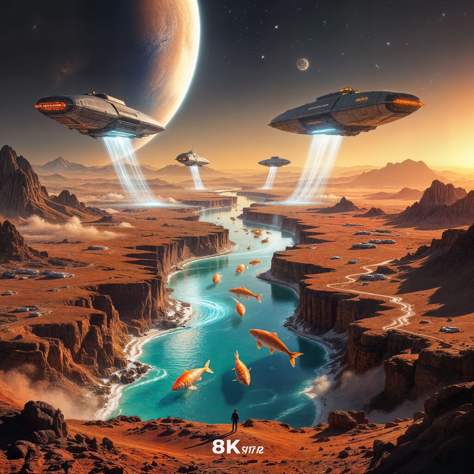 Future Mars Colony with Plasma River and Spaceships