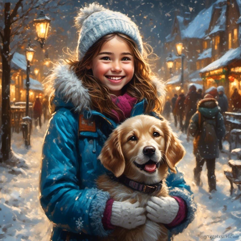 Girl with Dog in Snowy Chalk Art Painting
