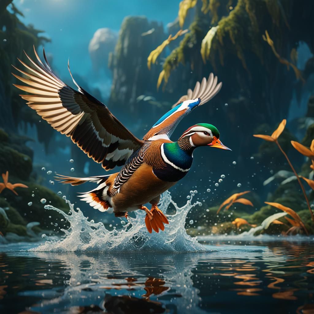 Mandarin Duck Drake Takes Flight: Detailed Matte Painting