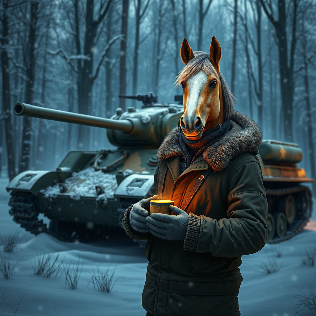 Centaur and Tank in Winter Forest, Digital Painting