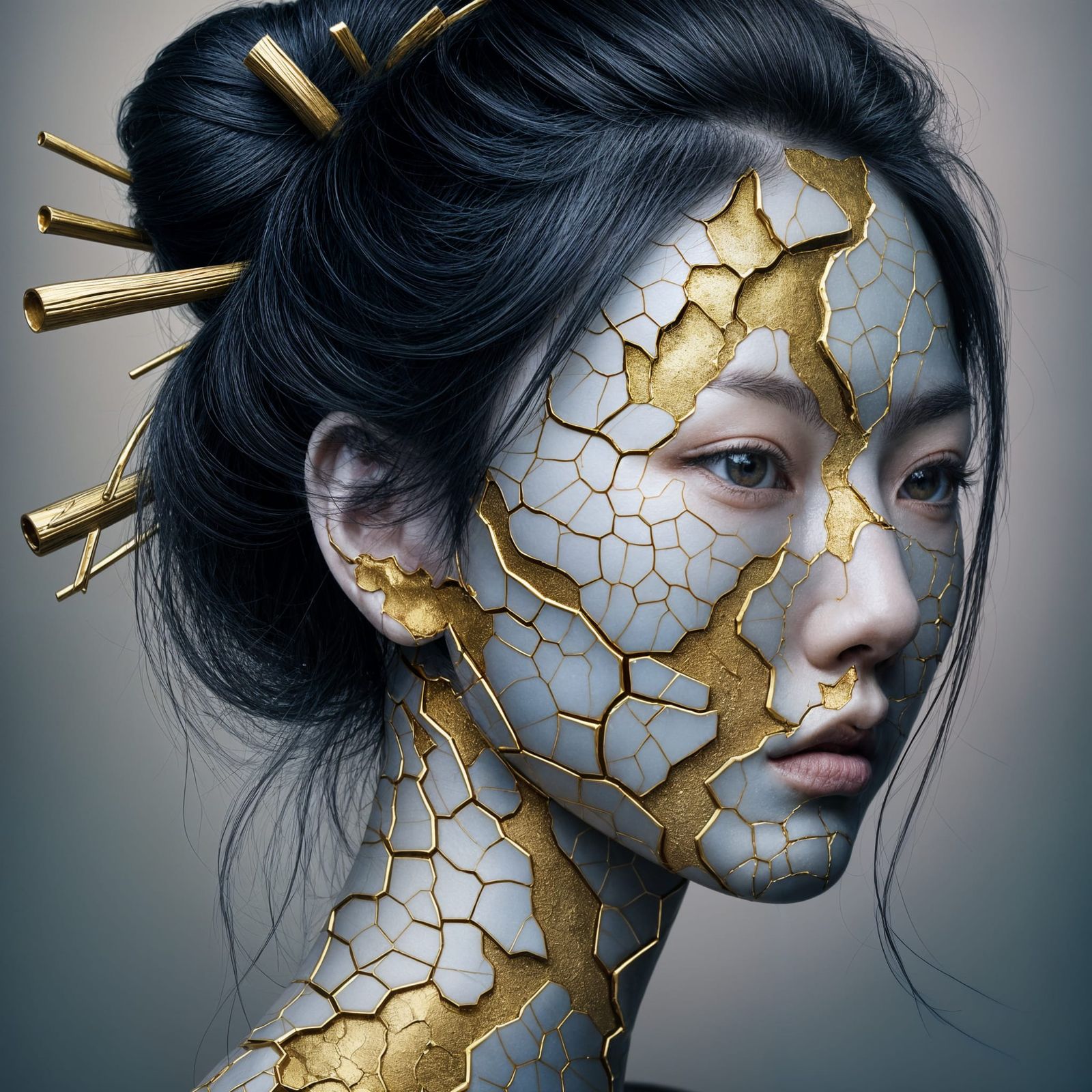 Solemn Japanese Woman with Golden Cracked Face