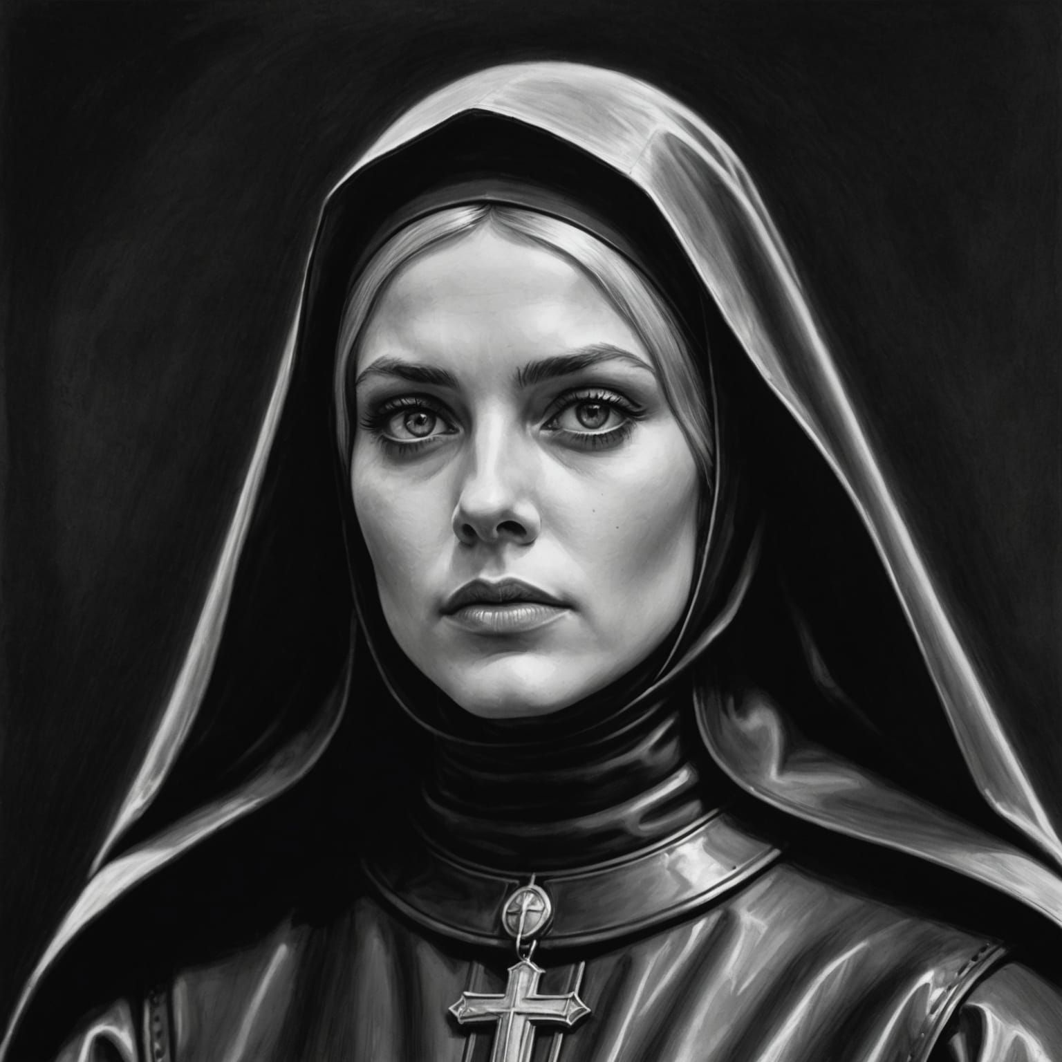 Barbarella in Rubberized Nun Habit: Charcoal Drawing