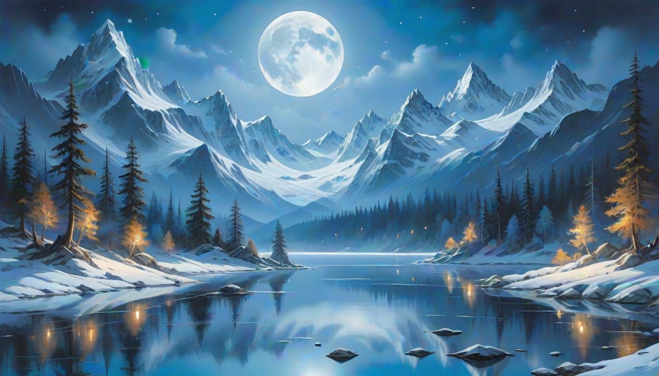 Mystical Alpine Lake Under Full Moon in Detailed Style