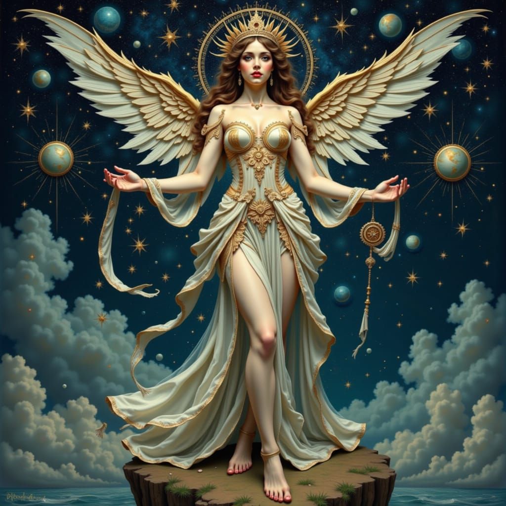 Celestial Being on Floating Island in Cosmic Ocean