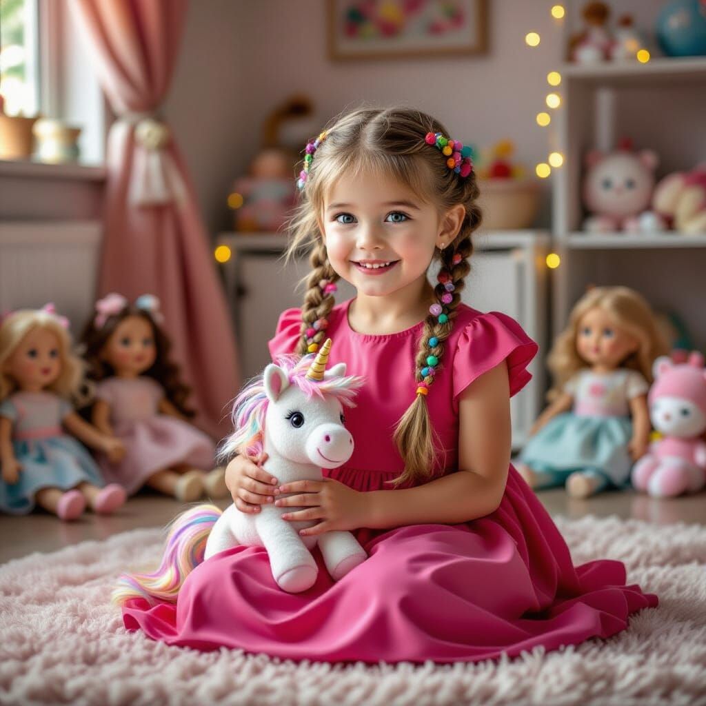 Young Girl with Plush Unicorn, Hyperrealistic Portrait