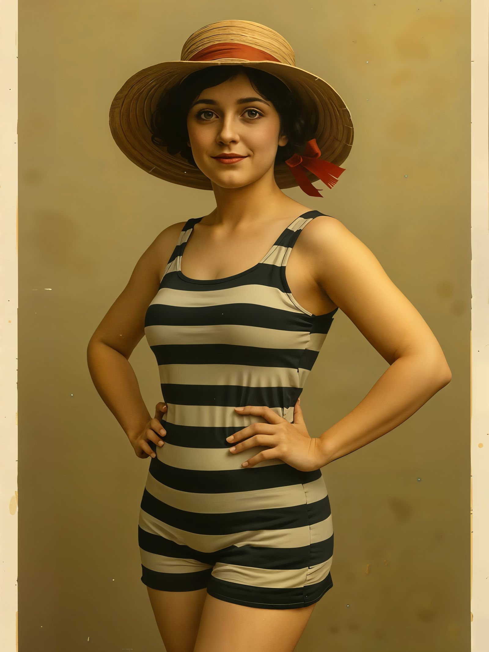 Vintage 1920s Woman in Striped Bathing Suit