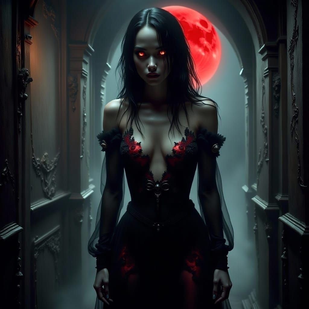 Giant Red Moon Replacing Castle, Digital Art