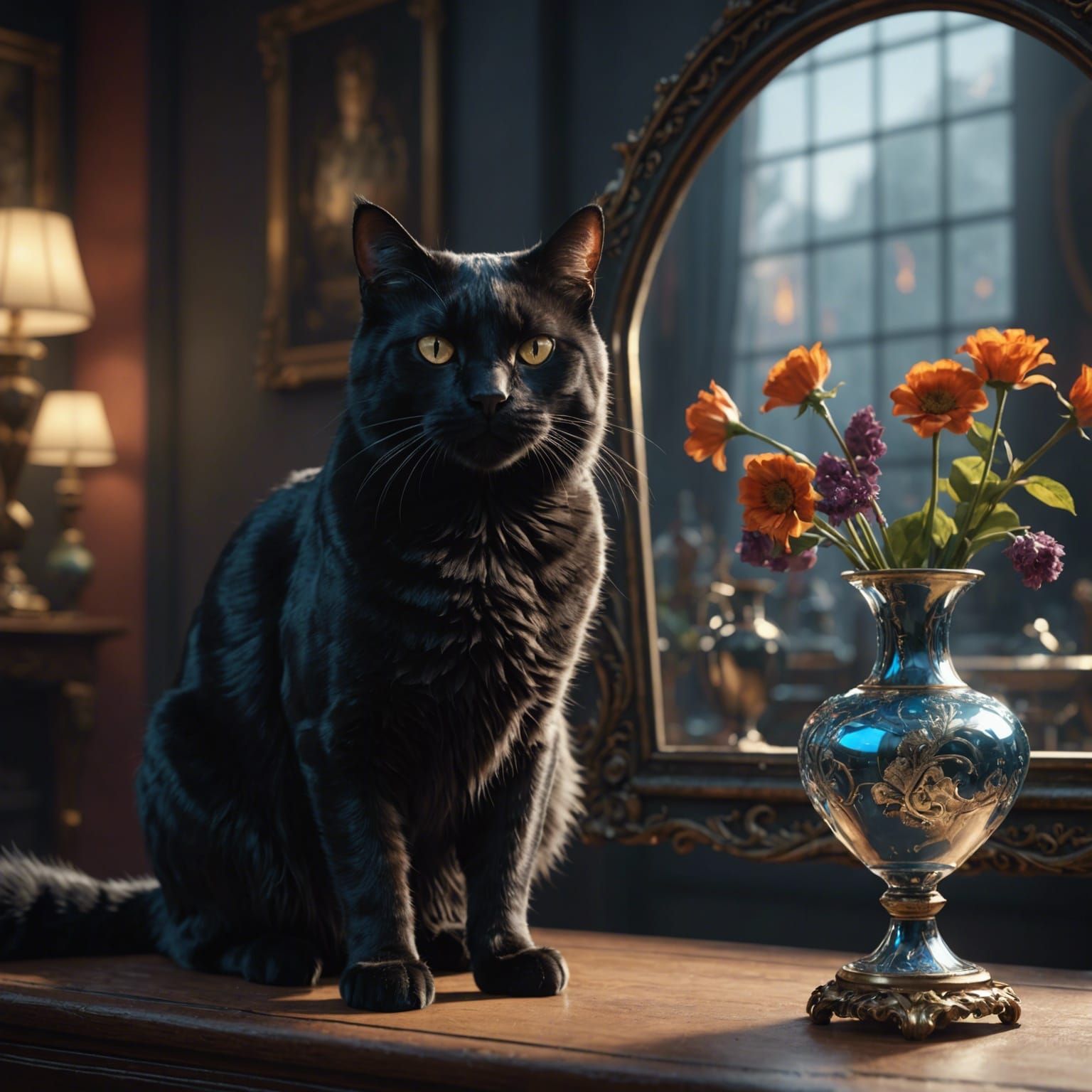 Black Fantasy Cat Staring into Mirror
