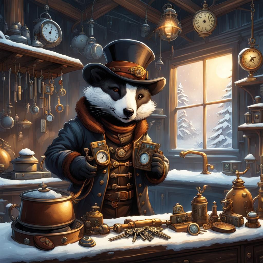 Steampunk Badger Burglar in Snowy Winter Kitchen