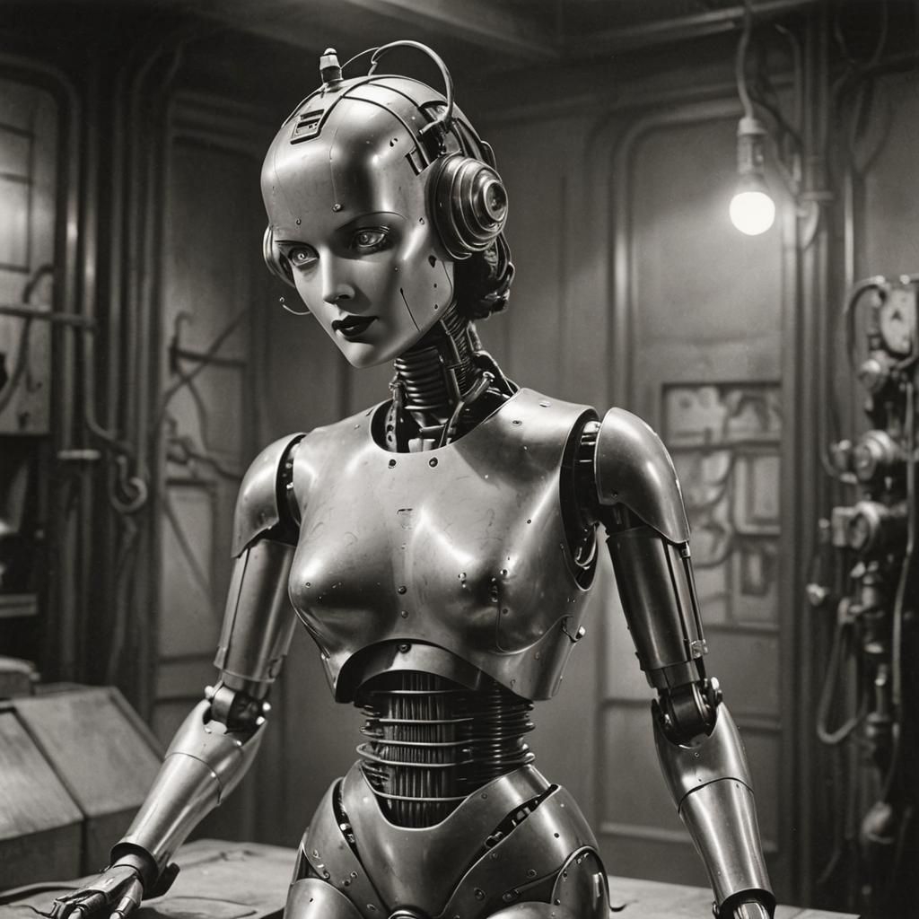 Dystopian Female Robot in 1940s Style