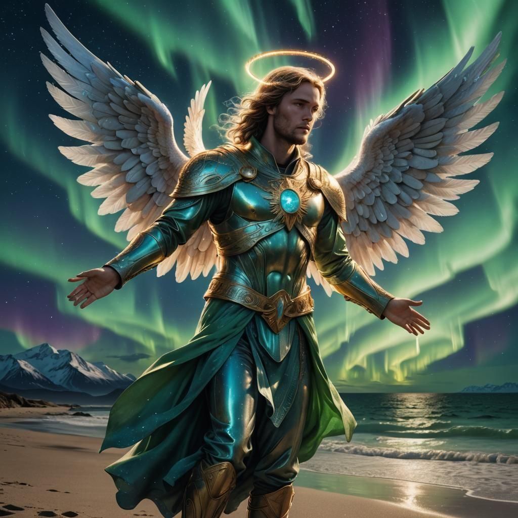 Archangel Gabriel on Beach Under Northern Lights